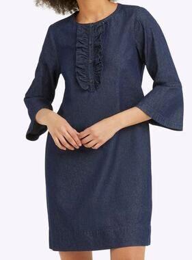 Draper James Dark Chambray Denim Ruffle Shift Dress Size 12-Preppy, Western